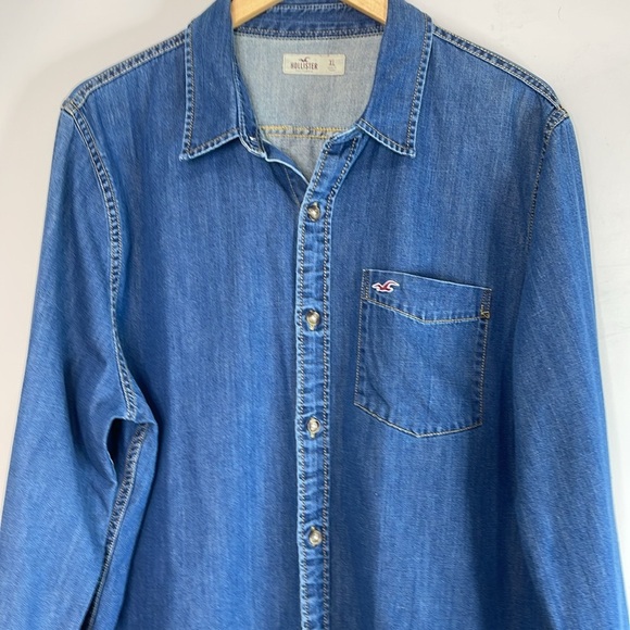 Hollister Men's 90s Vibe Denim Button Up Shirt Blue Medium Wash Long Sleeves XL - Picture 3 of 11